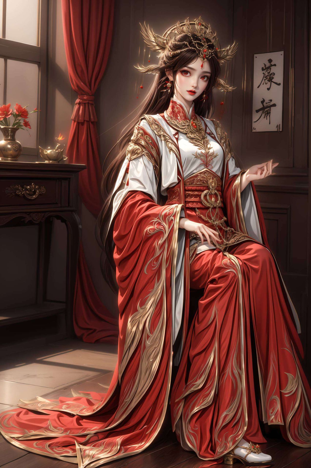 火红的长发与星空背景相映成趣云曦火灵儿