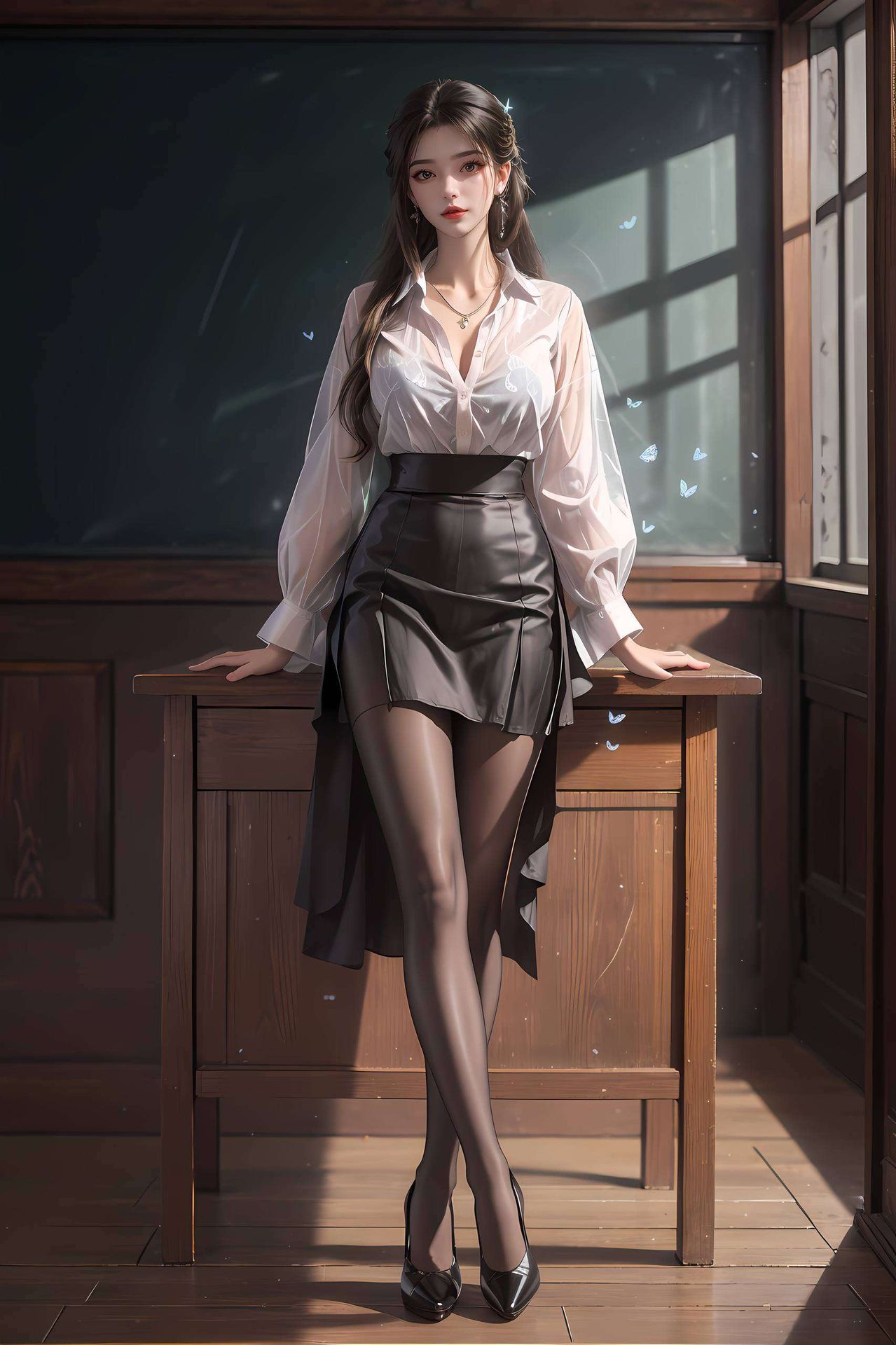 绿色调的苹果国漫美女沉浸在古风水彩的韵味中