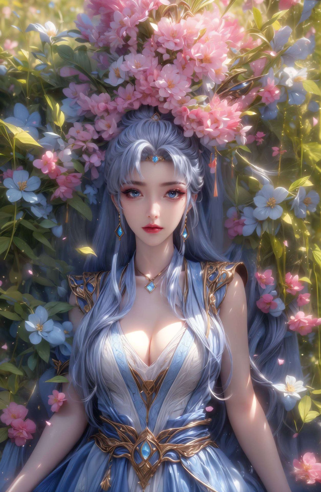 犹如春日里盛开的花朵在这款AI国漫美女格纹Win10壁纸中