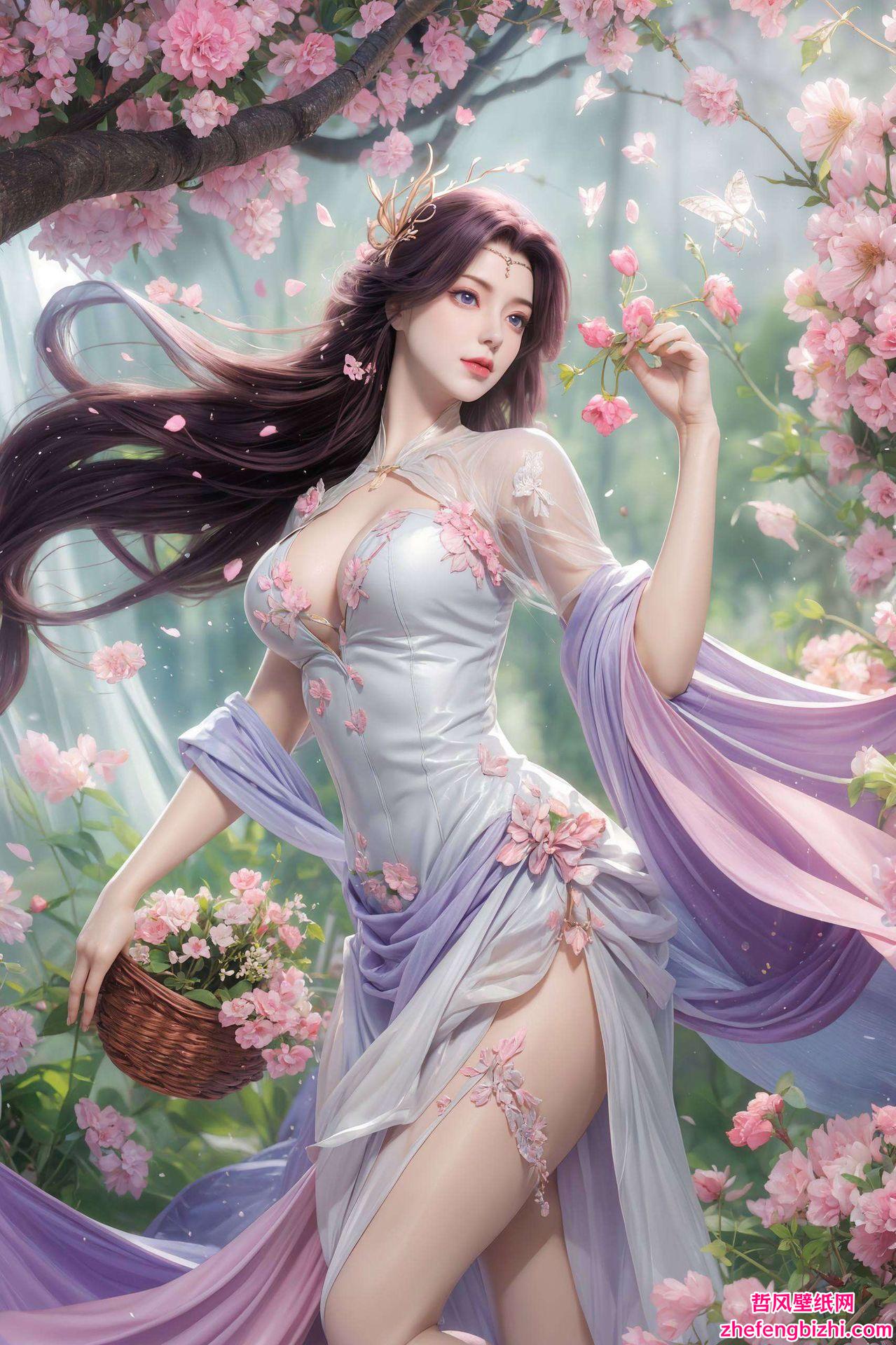 云曦平板上的国漫美女背景碎花图案映衬着她温婉的笑容